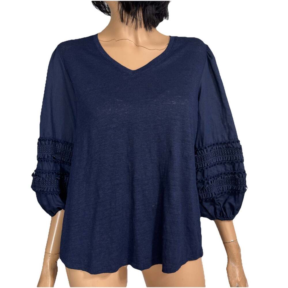 Chicos Linen Navy Balloon Sleeve Lace Trim Top 2 L Statement Sleeve Minimalist